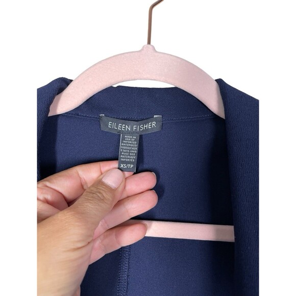 Eileen Fisher Navy‎ Blue Stretch Pockets Open  Front Long Blazer Cardigan Sz XS - Picture 3 of 11